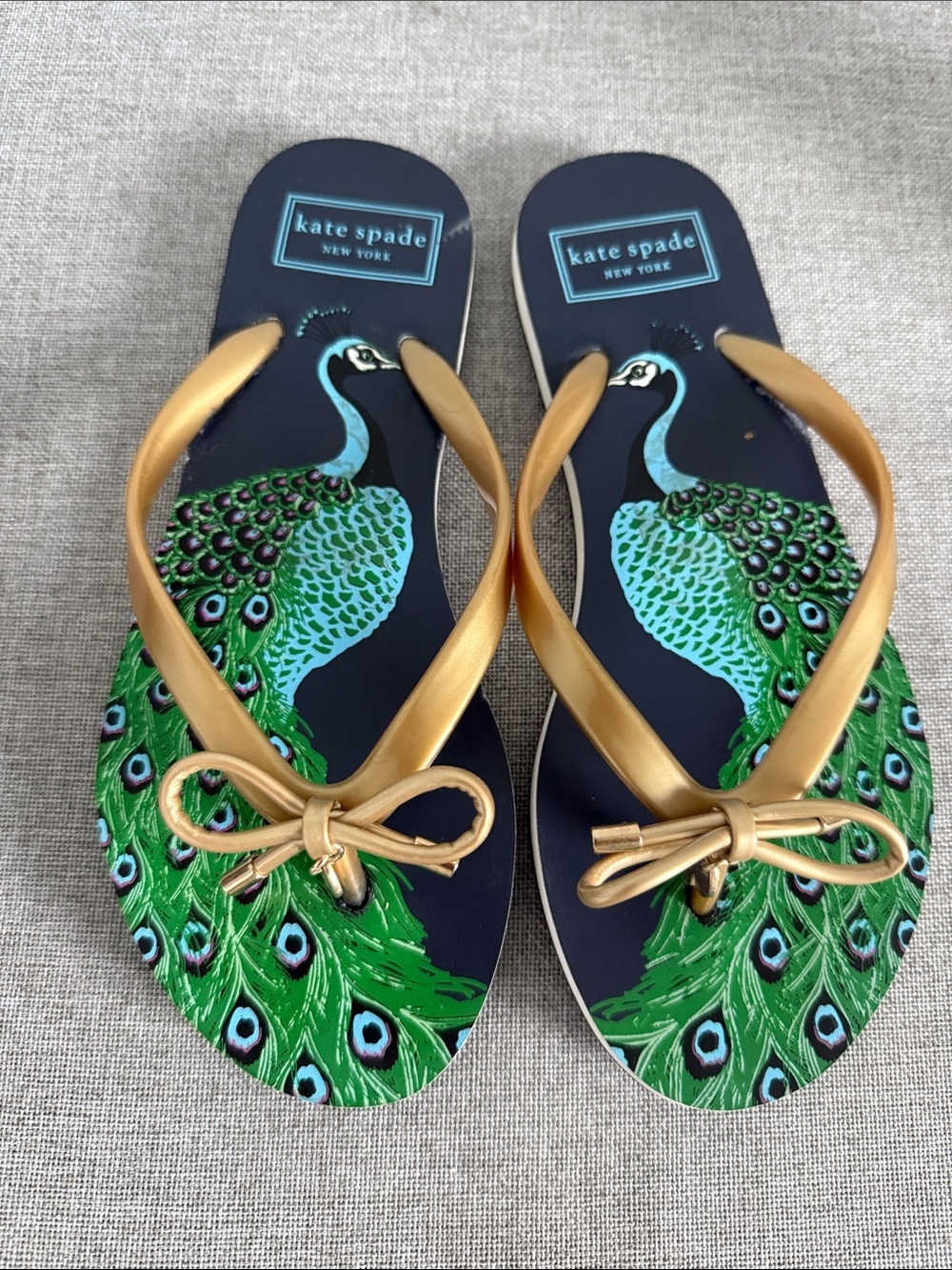 kate spade navy sandals with gold straps and green peacock print